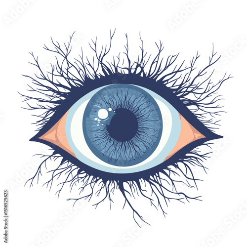 Abstract Illustration of Blue Eye with Tree Branch Veins and Eyelashes on White Background