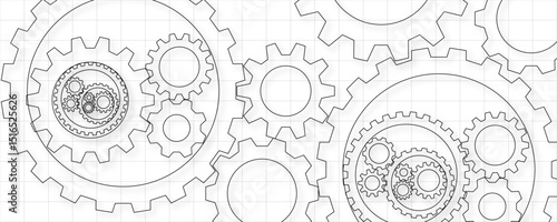 Large cog wheels on the headline industrial technology designs, or automation-themed background. Abstract gear mechanism blueprint illustration. Line-art style illustration of interconnected gears. 