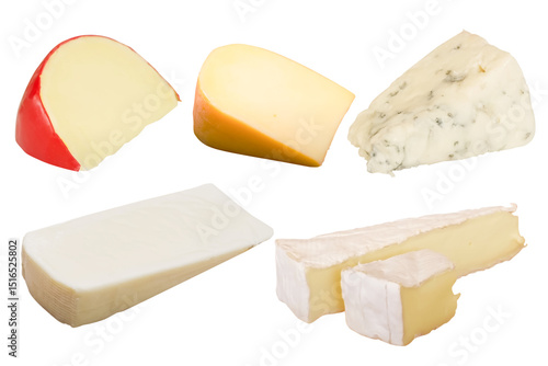 Canvas Print Set of assorted cheeses including Brie, Blue, Gouda, Edam, and Mozzarella isolated on background, ideal for culinary design, packaging, or food education use