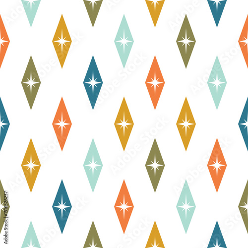 Seamless abstarct pattern with mid century retro diamond shapes and stars