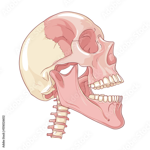 Anatomical Illustration of a Human Skull with Pink and White Bones on White Background Featuring Jaw and Vertebrae Structure