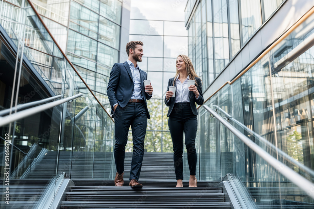 Business Professionals Walking and Talking Outside Office Business Professionals Walking and Talking Outside Office