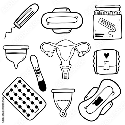 Doodle illustration set of menstruation and women's reproductive health elements, including tampons, pads, menstrual cup, uterus, pregnancy test, and birth control pills.
