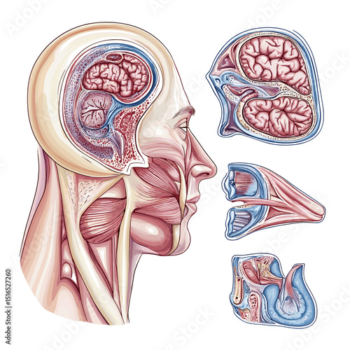 Anatomical Illustration of Human Head Structure Cross Section in Full Detail Showing Brain and Skull Layers with Veins Arteries and Other Inner Anatomical Components