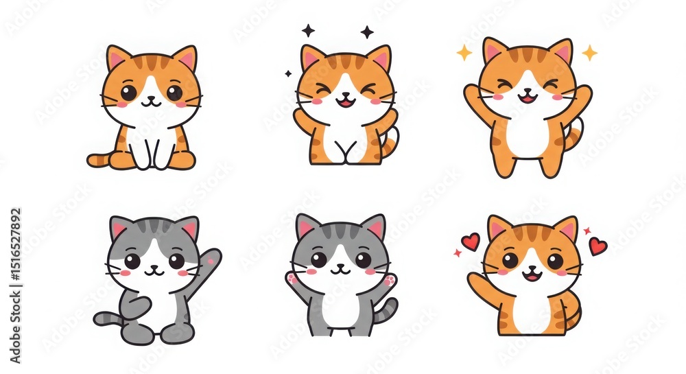 Obraz premium A cute cartoon cat emoji, expressing happiness, chibi style, simple flat design, white background, vector illustration, high resolution, no text