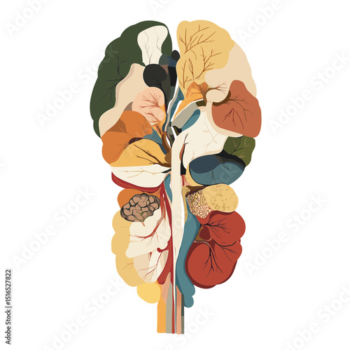 Anatomical Kidney Illustration with Colorful Sections and Detailed Internal Structure Diagram for Medical Education in White Background