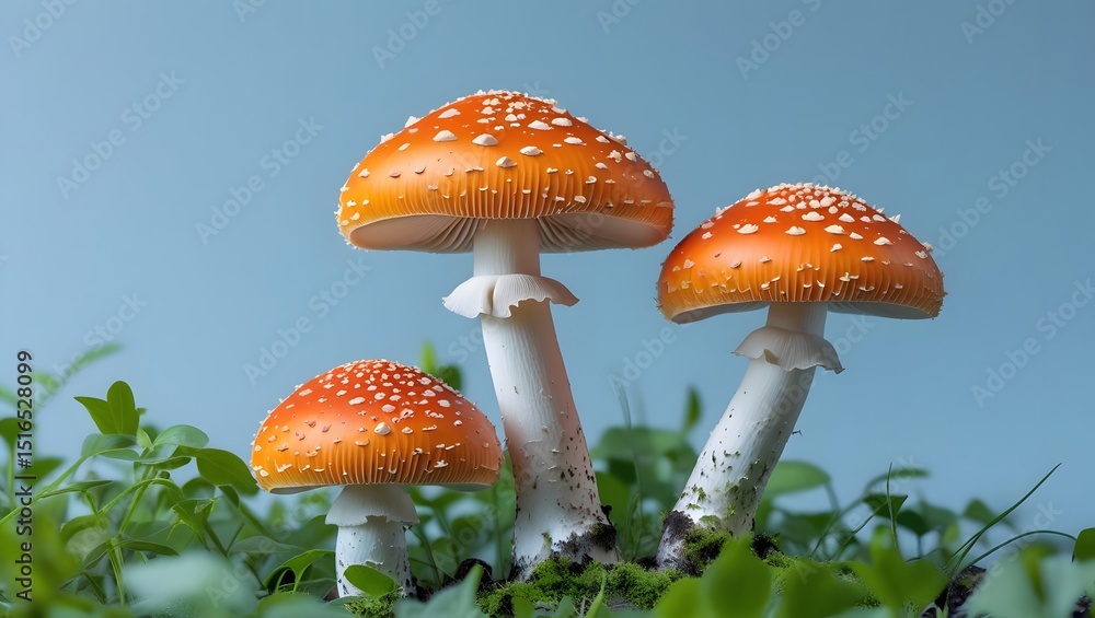 Obraz premium Enchanted Forest Trio Threevibranttoadstoolsstandtall,theirorangecapsdottedwithwhite,amidstlushgreenfoliage.Acaptivatingnaturestudy.