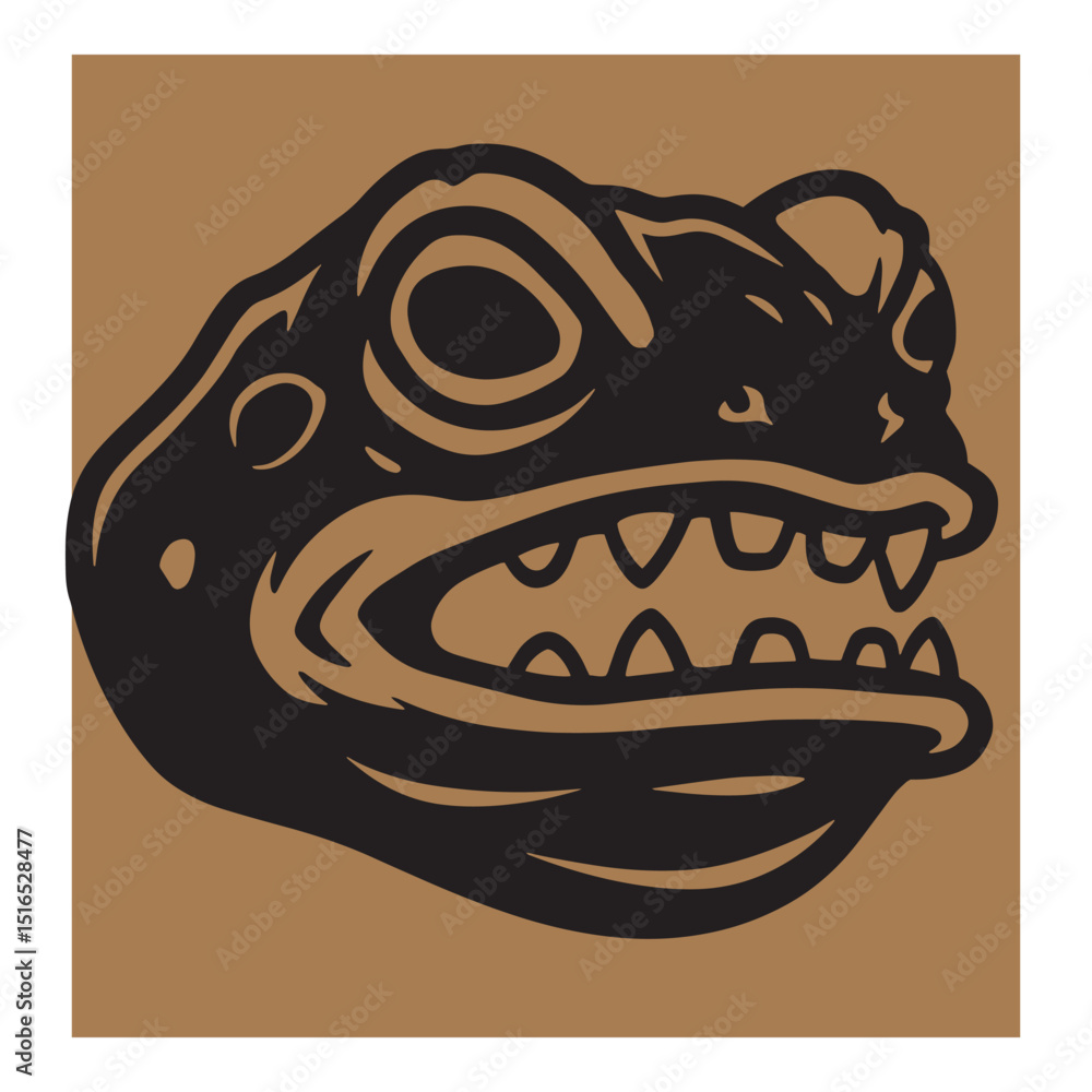 Obraz premium Bold black and tan vector illustration of a grinning alligator head or creature monster