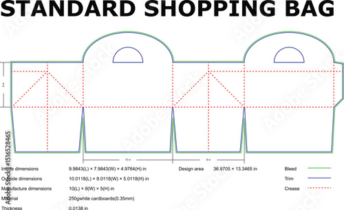 Standard shopping bag die cut template design dimensions