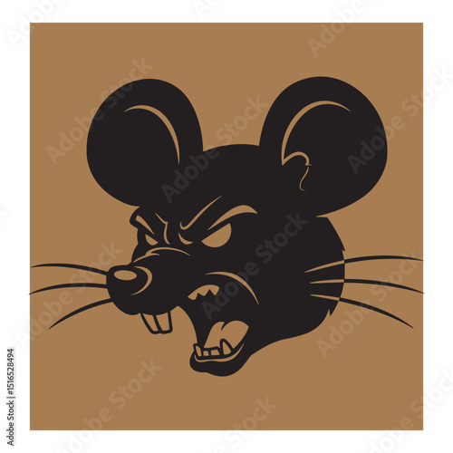 Black angry mouse head illustration with aggressive expression and sharp teeth on tan background