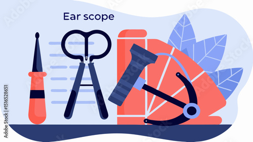Ear health medical tools for hearing exam with an otoscope forceps and curette in colorful flat vector
