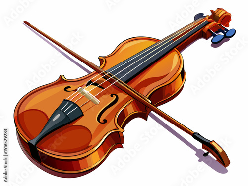 A realistic vector of a classical violin with bow, placed diagonally, isolated on a white background