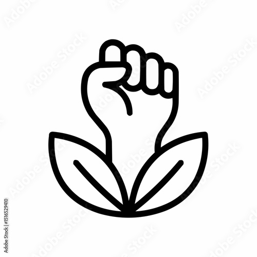 Minimal raised fist blending into leaves — activism and sustainability.
