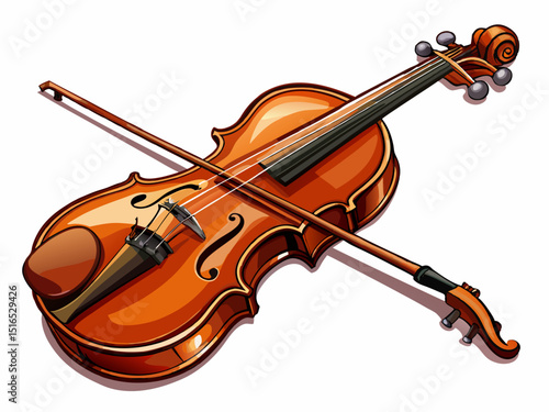 A realistic vector of a classical violin with bow, placed diagonally, isolated on a white background
