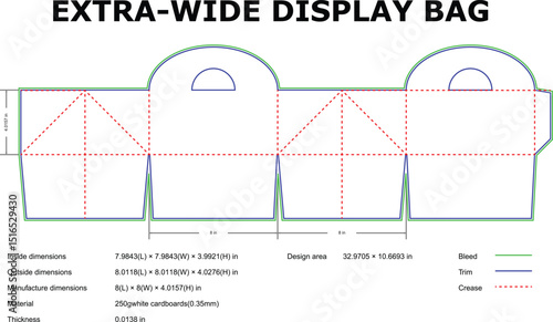 Extra wide display bag die cut template design specifications