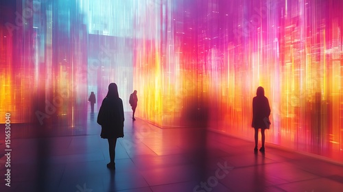 Silhouetted figures explore a vibrant corridor of digital art installation