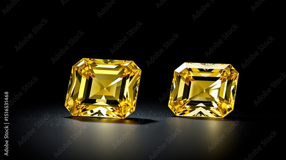 Luxury Yellow Emerald Cut Diamonds, Sparkling Gemstones, High Resolution, Black Background Luxury Yellow Emerald Cut Diamonds, Sparkling Gemstones, High Resolution, Black Background