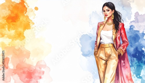 Art beauty fashion woman watercolor concept. Fashion illustration of a stylish woman with watercolor splashes.
