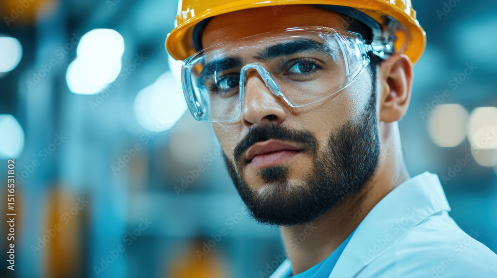 A focused male worker in a safety helmet and glasses stands in a modern industrial setting, showcasing dedication and professionalism. A focused male worker in a safety helmet and glasses stands in a modern industrial setting, showcasing dedication and professionalism.