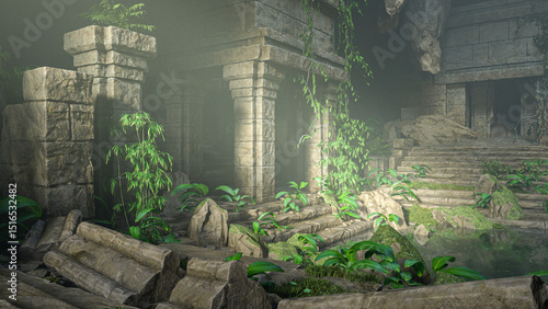 Tableau sur toile Ancient fantasy ruined buildings in an overgrown cave with sunlight streaming in from above