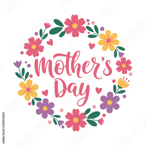 Colorful Floral Wreath Mother's Day Greeting Card with Pink, Yellow, and Purple Flowers