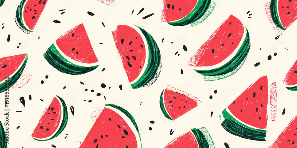 Colorful flat illustration of watermelon slices scattered on a light background, showcasing vibrant red fruit, green rind, and black seeds, creating a playful summer vibe Colorful flat illustration of watermelon slices scattered on a light background, showcasing vibrant red fruit, green rind, and black seeds, creating a playful summer vibe