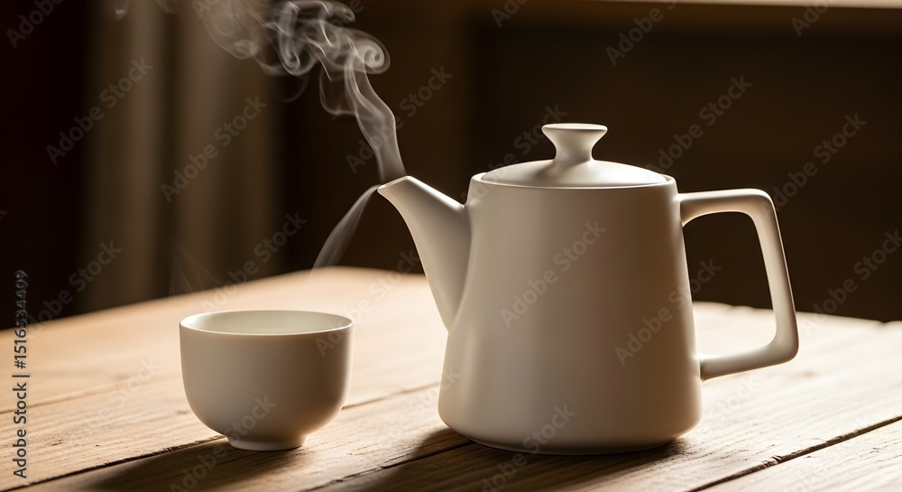 Fototapeta premium Warm and Cozy Steaming Teapot and Cup on Wooden Table