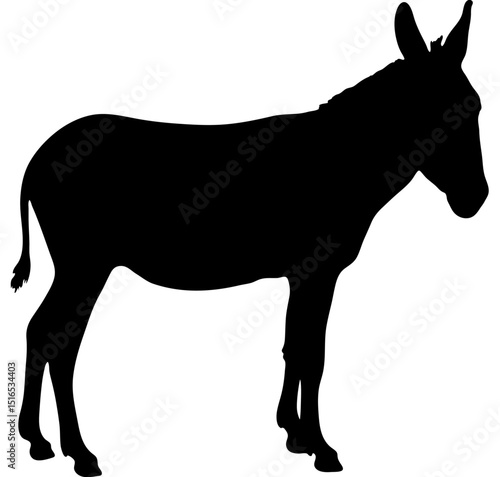 A silhouette of a donkey standing on a white background in a side profile view