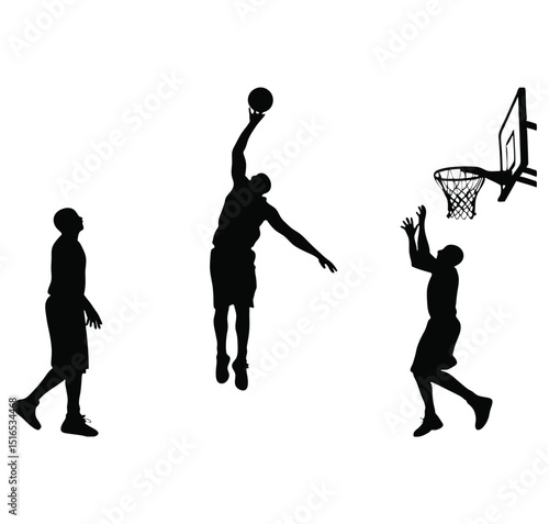Silhouette of three basketball players playing with a basketball near a hoop art