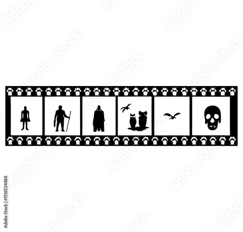 Film strip with silhouettes of humanoids animals and skull in black and white