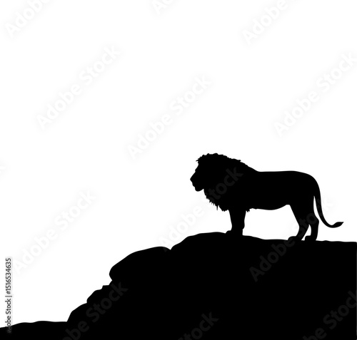 Silhouette of a lion standing atop a rocky outcrop against a white background