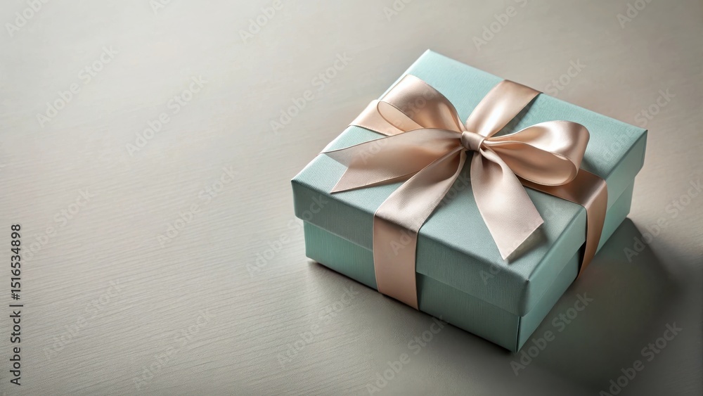 A delicately tied pale ribbon adorns a light teal gift box, resting elegantly on a subtle textured surface. A delicately tied pale ribbon adorns a light teal gift box, resting elegantly on a subtle textured surface.