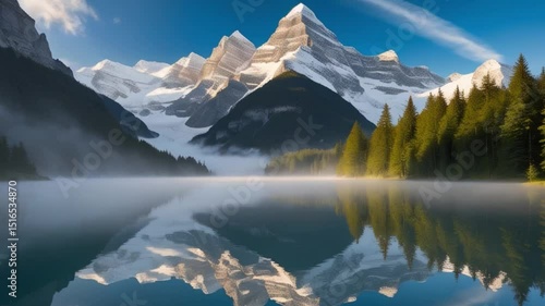 majestic mountain reflections in a misty morning lake created with generative ai
