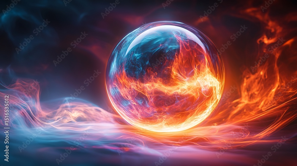 Fototapeta premium Orb of Duality: Captivating interplay of fire and ice energy within a glass sphere