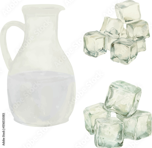 Vector set of ice cubes and water jug in vector. Perfect for summer drinks, hydration, and wellness themes.