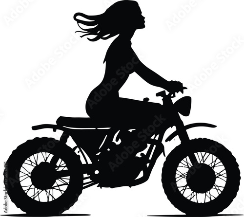 Vector Silhouette of Woman Riding Motorcycle - Dynamic black graphic of a female biker on a classic motorbike.