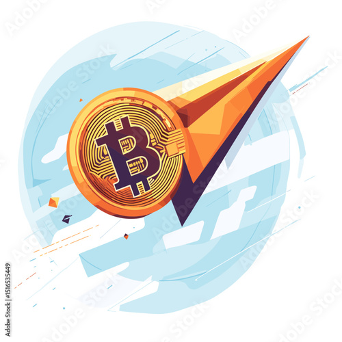 Abstract Bitcoin Digital Currency Launching with Orange Arrow in Blue and White Sky Background
