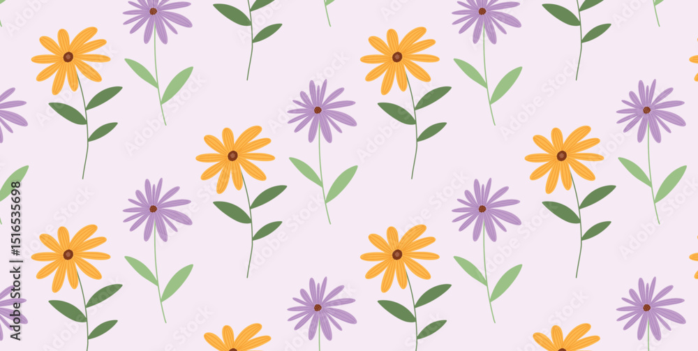 Seamless pattern with Black Eyed Susan and Purple Coneflower. Yellow and purple floral elements with green leaves on light pastel background. Flat vector illustration for fabric and decor. Seamless pattern with Black Eyed Susan and Purple Coneflower. Yellow and purple floral elements with green leaves on light pastel background. Flat vector illustration for fabric and decor.