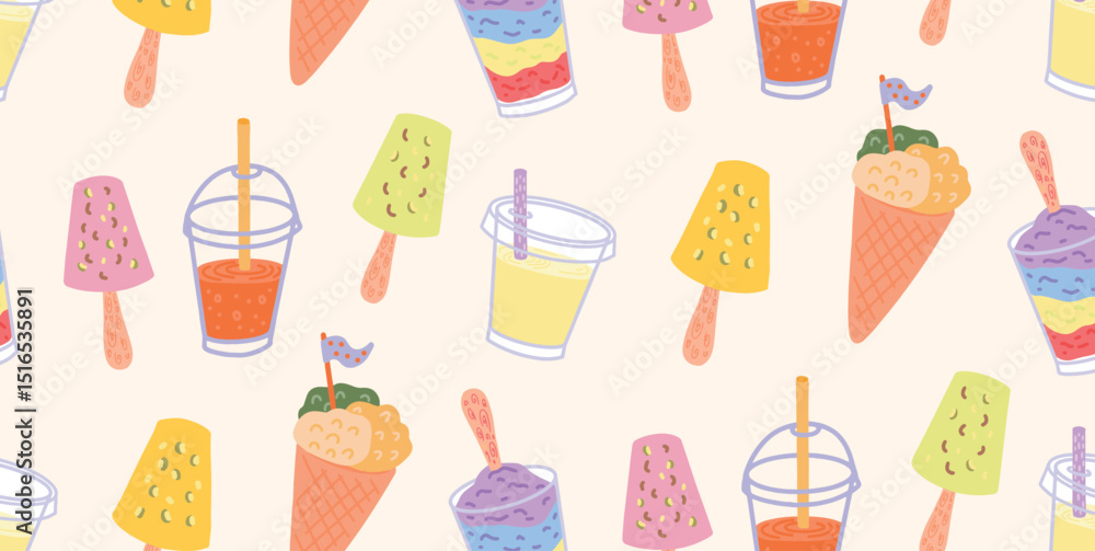 Seamless pattern with Indian frozen desserts and drinks. Kulfi, Ice Gola, Sugarcane Juice, fruit smoothie. Hand drawn colorful vector illustration on light background for wrapping or textile Seamless pattern with Indian frozen desserts and drinks. Kulfi, Ice Gola, Sugarcane Juice, fruit smoothie. Hand drawn colorful vector illustration on light background for wrapping or textile