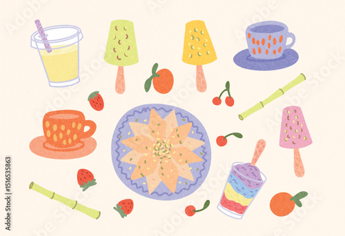Traditional Indian Desserts and Drinks. Kaju Katli in center, colorful Kulfi, Ice Gola in cup, Sugarcane Juice in glass. Surrounded by fruits and sticks. Vector illustration on light background