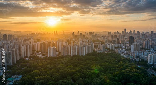 Golden hour sunset over a sprawling cityscape, with a vast expanse of green space nestled amidst towering buildings