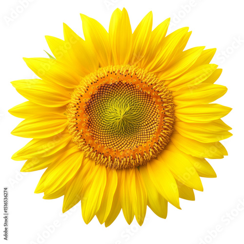 Bright sunflower with vibrant yellow petals and intricate seed pattern at center, symbolizing warmth and positivity