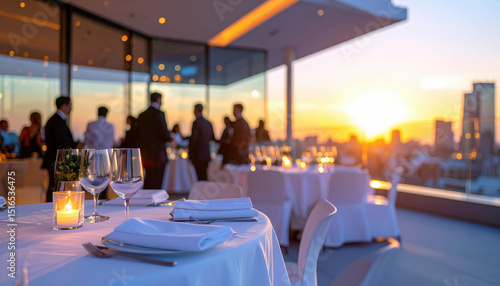 Elegant rooftop sunset reception with professionals enjoying conversation