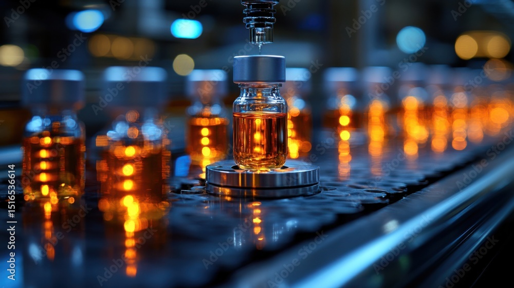 Pharmaceutical Vial Filling on Conveyor Belt Pharmaceutical Vial Filling on Conveyor Belt
