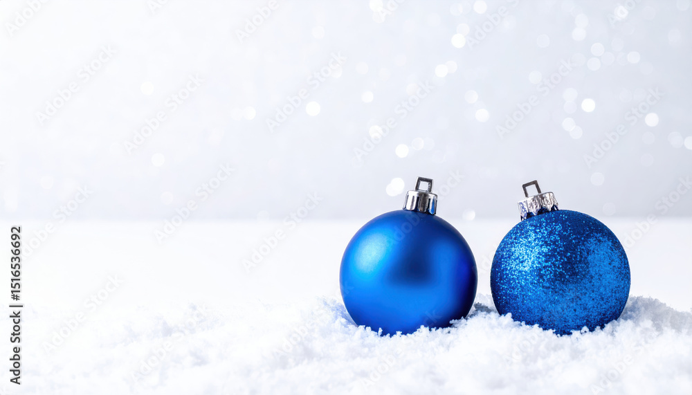 Minimalist Christmas composition with blue ornaments on snow Minimalist Christmas composition with blue ornaments on snow