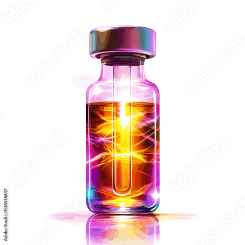 Amber Liquid inside Glass Vial with Light Rays for Pharmaceutical Treatment and Medical Research Illustration