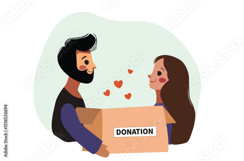 Illustration of a smiling man and woman donating a box together, symbolizing charity, giving, and compassionate community support. Vector illustration