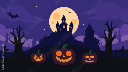 Haunted House on a Spooky Hilltop with Glowing Pumpkins and a Full Moon