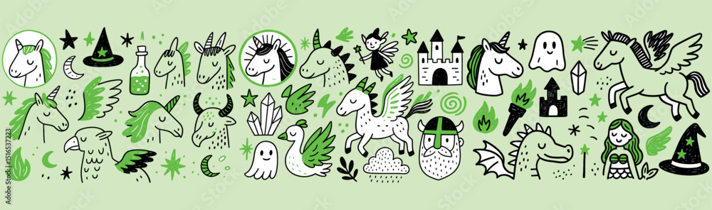 Fototapeta premium Hand-drawn Fantasy Creatures and Castles in Whimsical Fairytale Style