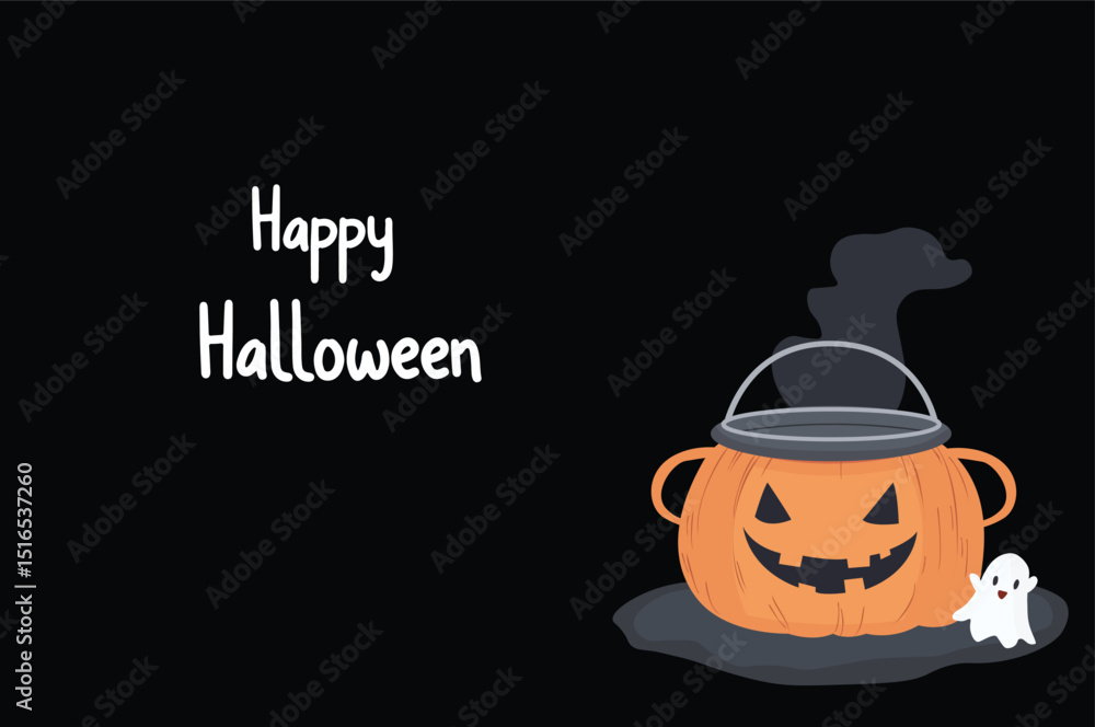 Obraz premium Dark Halloween greeting card featuring jack-o-lantern cauldron and cute ghost with Happy Halloween text in white. Vector illustration